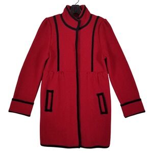 Luii Red Boiled Wool Coat Black Contrast Trim Mock Neck Mid Length Womens Size M